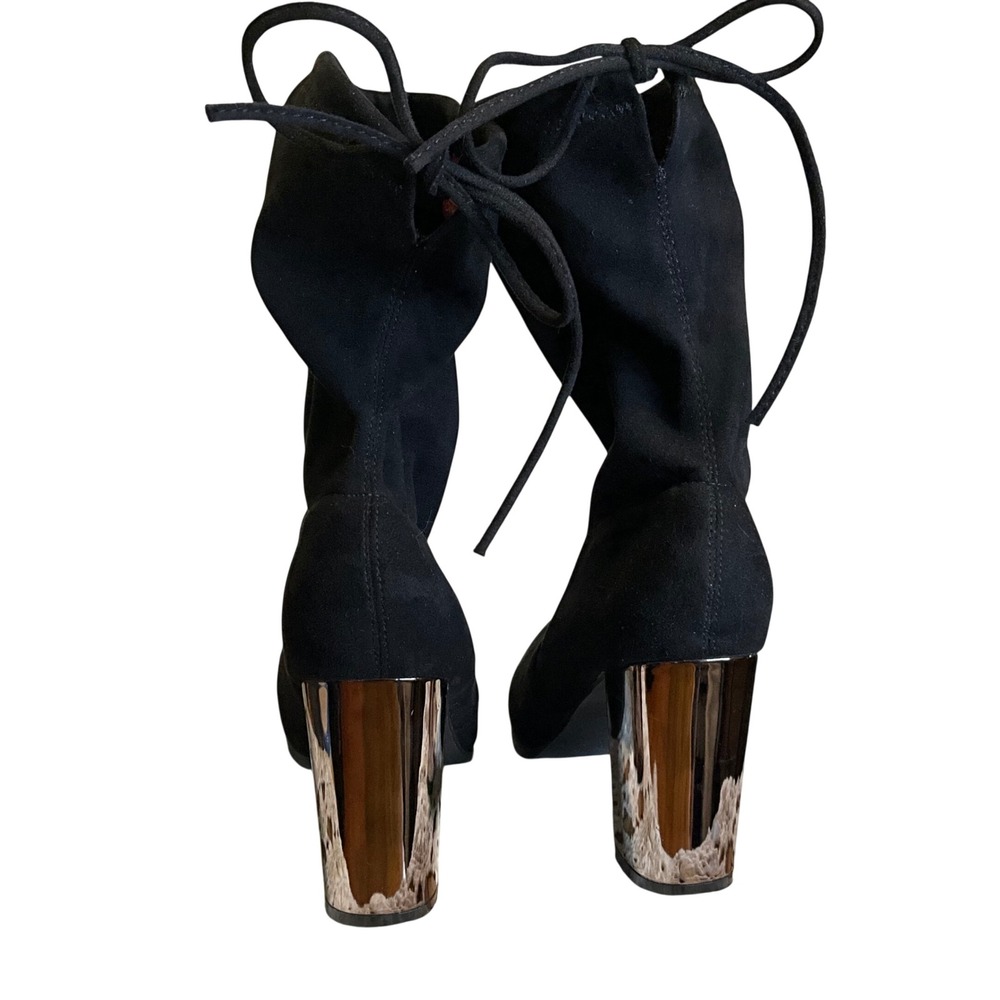 Catherine Malandrino Black Suede Heel Boots Metallic Tie Back Womens Sz 8‎ Goth
